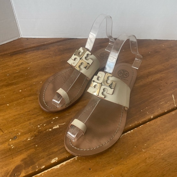 Tory Burch Shoes - Tory Burch Selby Flat Sandals Toe Ring Ivory Gold Size 5.5 Leather Well Worn